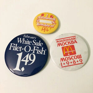 Vintage Lot of 3 McDonalds  Button Pin Birthday Filet O Fish Moscow Pinback
